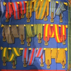 Hermes Blue Silk Scarf with Multicolor Striped Belt Motif